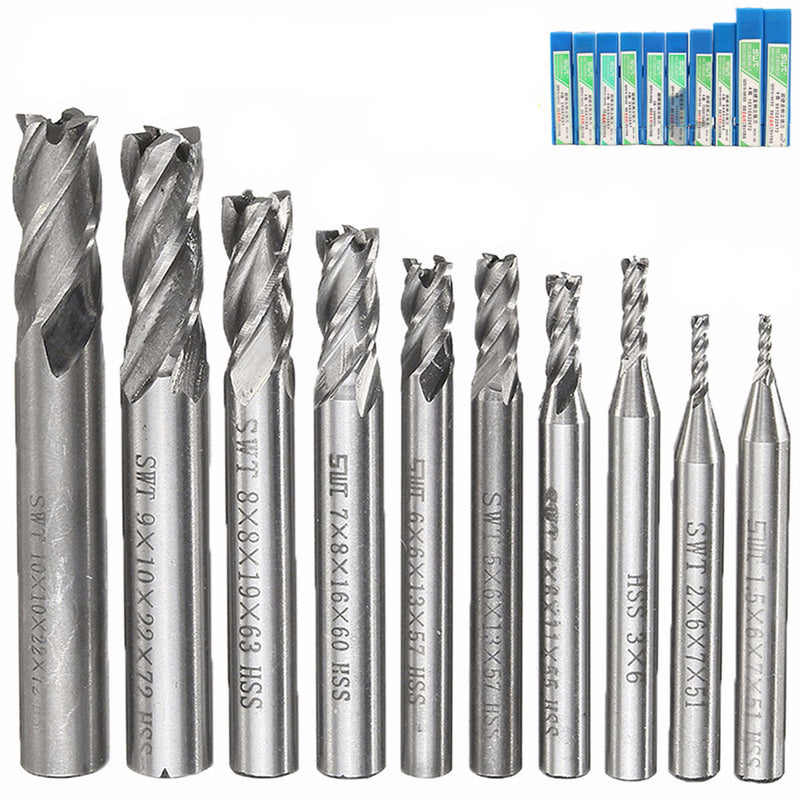 10pcs 1.5-10mm HSS 4 Flute CNC End Mill Cutter Straight Shank End Milling Cutter