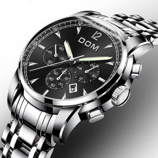 DOM 75PE Fashion Men Watch Chronograph Luminous Date Display Stainless Steel Strap Quartz Watch