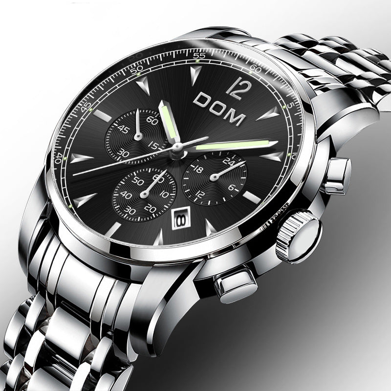 DOM 75PE Fashion Men Watch Chronograph Luminous Date Display Stainless Steel Strap Quartz Watch