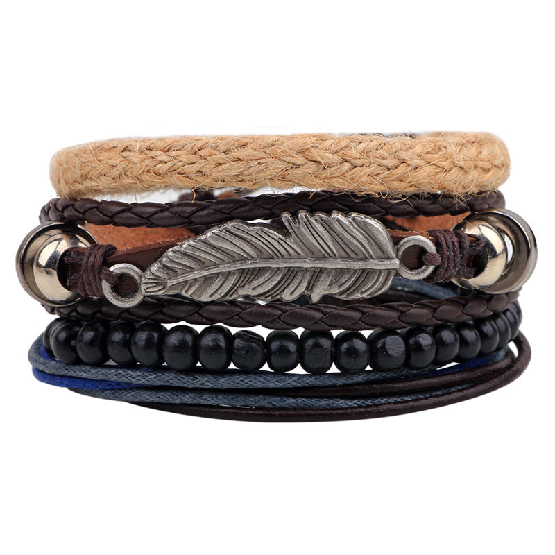 Multi Layer Leaves Bracelet Handmade Leather Bracelet Retro Style Bracelet For Men