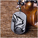 Natural Handwork Carved Black Obsidian Wolf Head Pendant With Beads Necklac T7D4