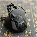 Natural Handwork Carved Black Obsidian Wolf Head Pendant With Beads Necklac T7D4