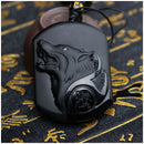 Natural Handwork Carved Black Obsidian Wolf Head Pendant With Beads Necklac T7D4