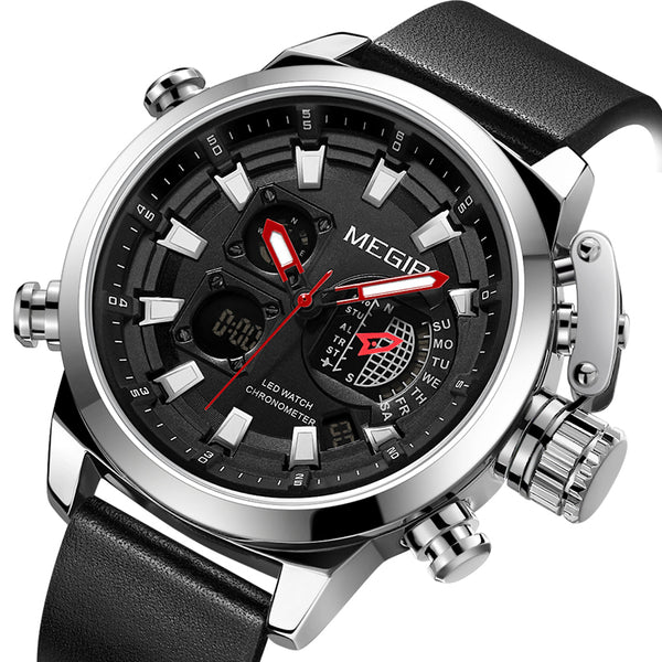 MEGIR 2090 Fashion Men Digital Watch Chronograph Luminous Display Waterproof Leather Strap Dual Display Watch