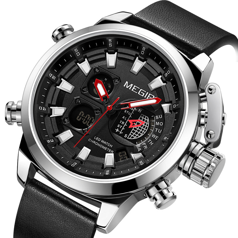 MEGIR 2090 Fashion Men Digital Watch Chronograph Luminous Display Waterproof Leather Strap Dual Display Watch