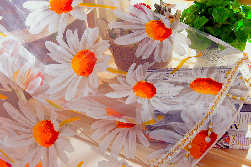 1*2.5M Sunflower Voile Window Burnt-Out Curtain Sheer Tulle Drapes with Bead