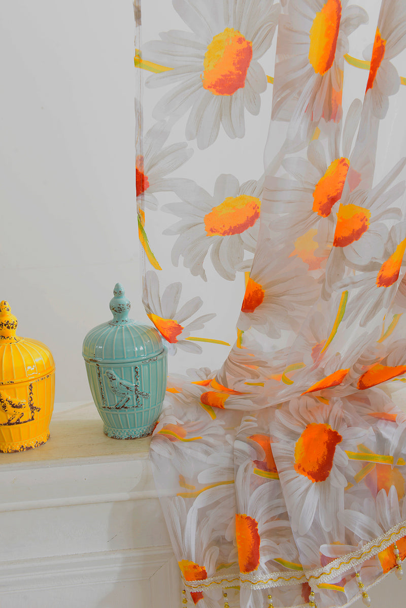 1*2.5M Sunflower Voile Window Burnt-Out Curtain Sheer Tulle Drapes with Bead