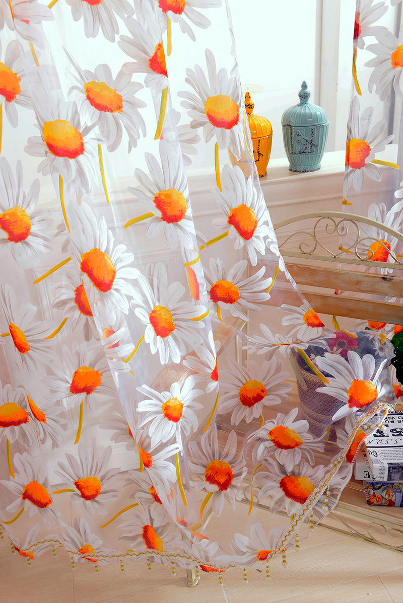 1*2.5M Sunflower Voile Window Burnt-Out Curtain Sheer Tulle Drapes with Bead