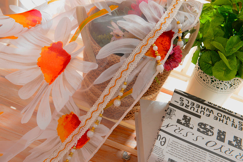 1*2.5M Sunflower Voile Window Burnt-Out Curtain Sheer Tulle Drapes with Bead