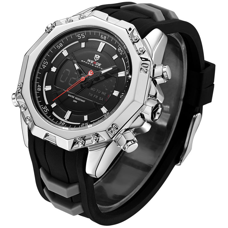WEIDE 6406 Dual Display Digital Watch Calendar Alarm Luminous Watch Silver Case Men Sport Watch