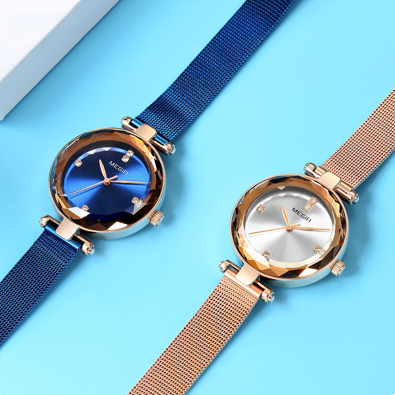 MEGIR 4211 Diamond Waterproof Casual Style Women Watch Milanese Steel Quartz Watches