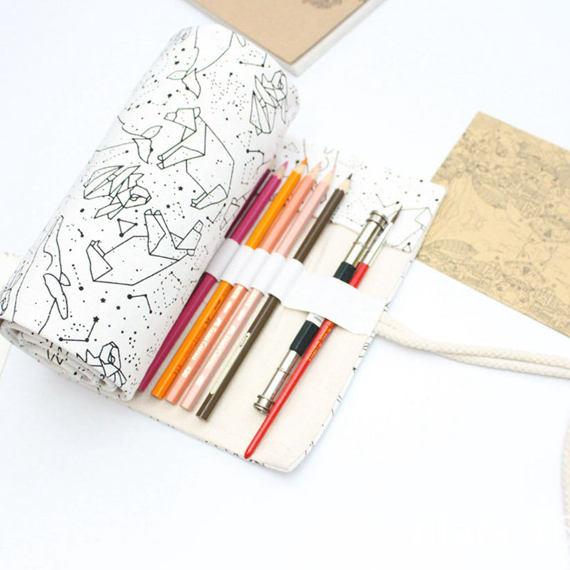 48 Holes Big Pencil Case School Canvas Roll Pouch pencil box Constellation  J8V6