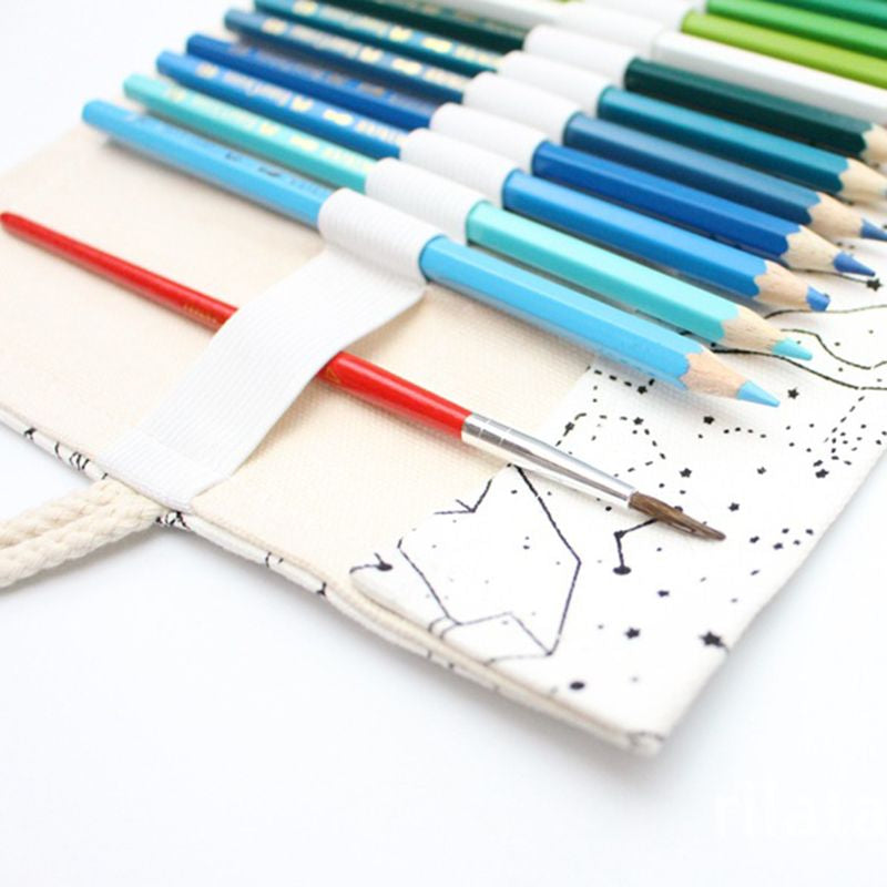 48 Holes Big Pencil Case School Canvas Roll Pouch pencil box Constellation  J8V6
