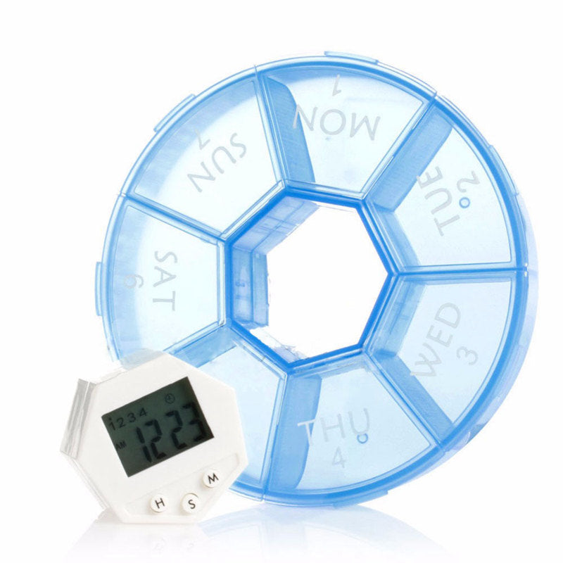 Weekly Digital Timer Round 7 Days LED Pill Box Case Alarm Clock Reminder Me C9J6