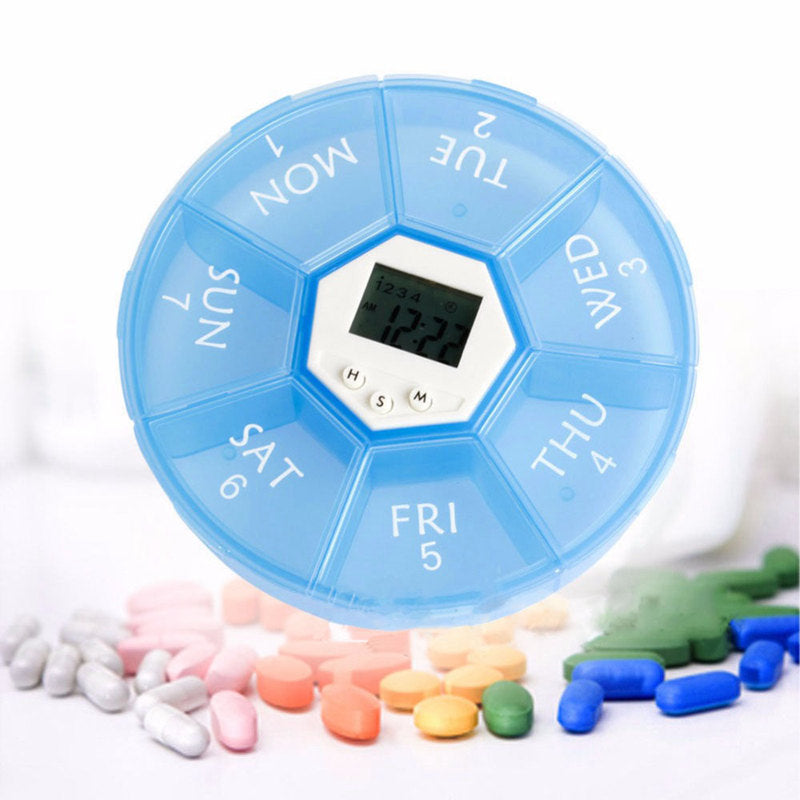 Weekly Digital Timer Round 7 Days LED Pill Box Case Alarm Clock Reminder Me C9J6