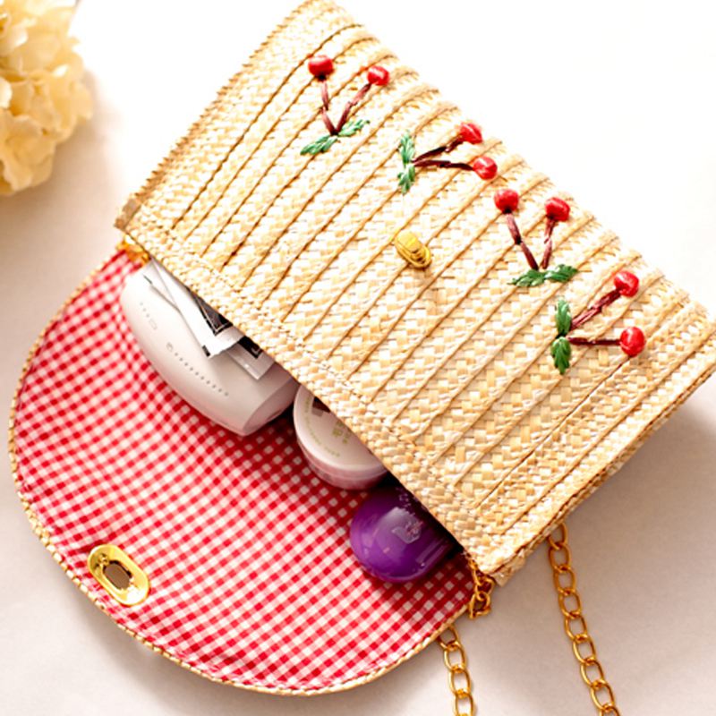 Weave Embroidery Cherry Chain Women Messenger Bags Bohemian Style Mini Wome O1T9
