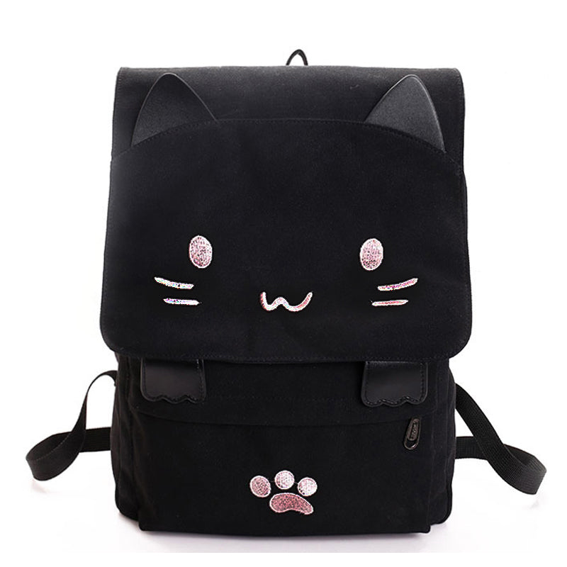 fashion Cute Cat Embroidery Canvas Student bag Cartoons Women Backpack Leis T6A1