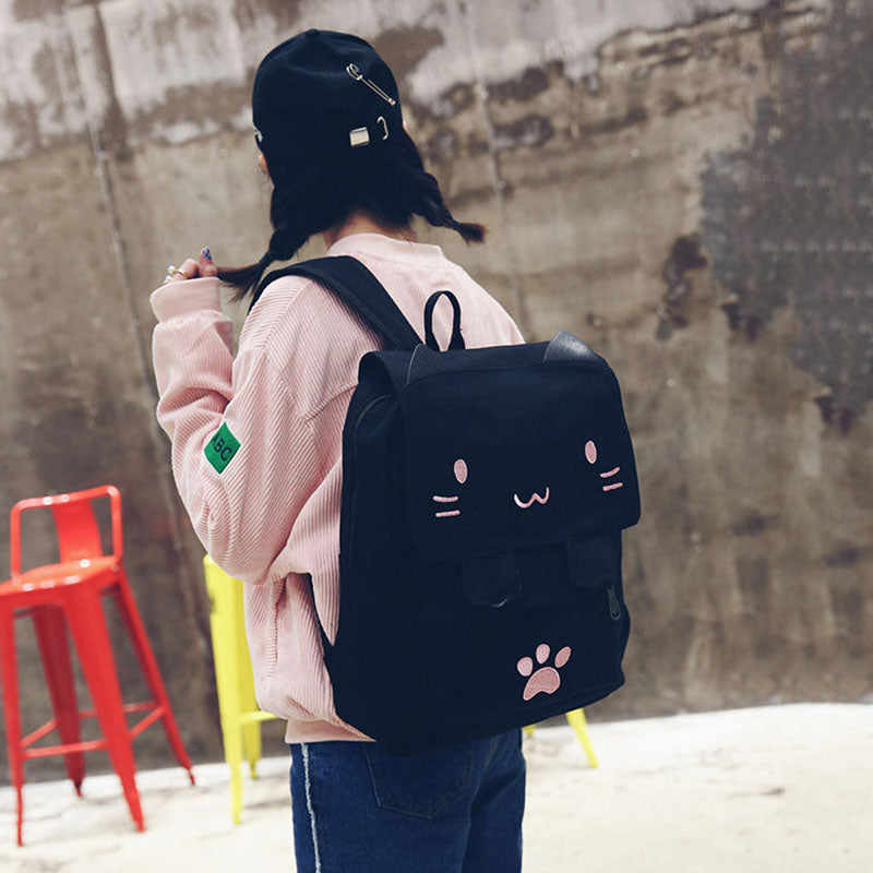 fashion Cute Cat Embroidery Canvas Student bag Cartoons Women Backpack Leis T6A1