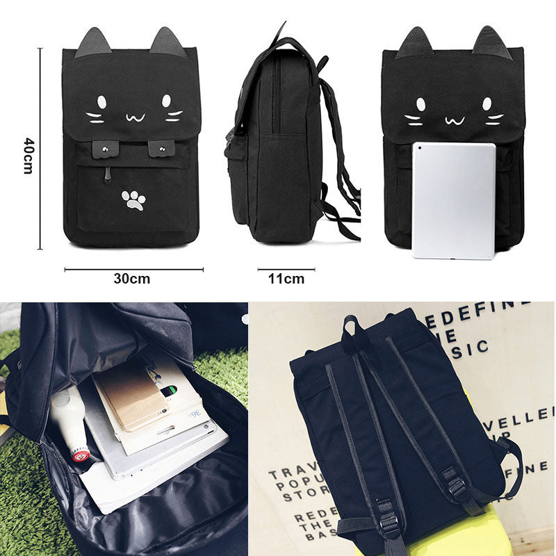 fashion Cute Cat Embroidery Canvas Student bag Cartoons Women Backpack Leis T6A1