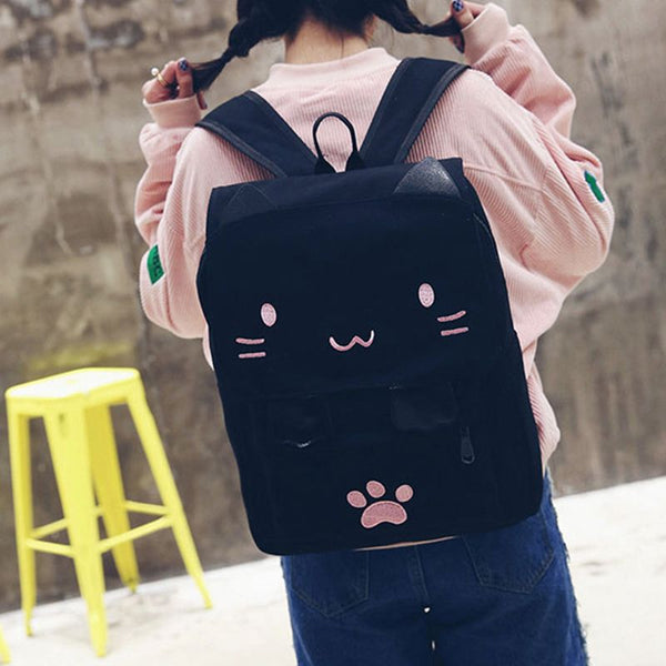 fashion Cute Cat Embroidery Canvas Student bag Cartoons Women Backpack Leis T6A1