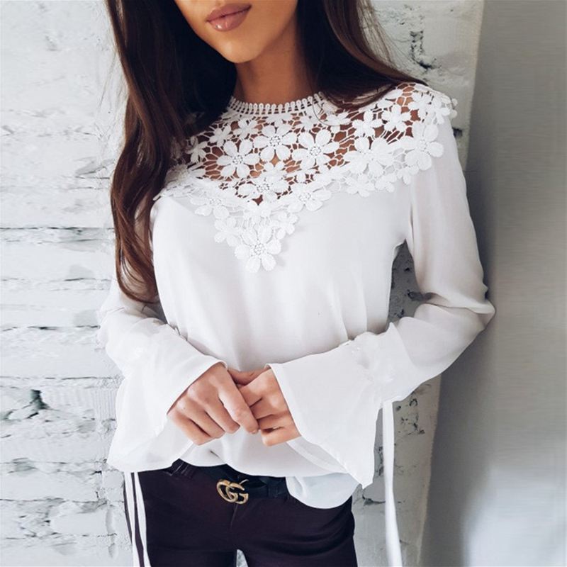 Women Casual Patchwork Lace Blouses Shirt Women Top Fashion Flare Sleeve Pu P2K5