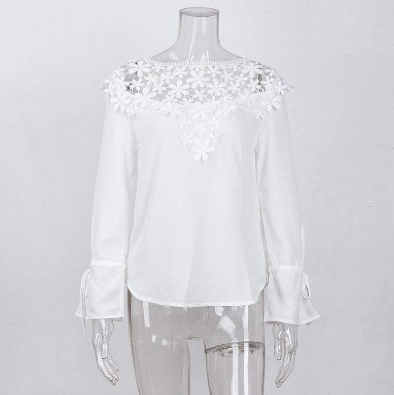 Women Casual Patchwork Lace Blouses Shirt Women Top Fashion Flare Sleeve Pu P2K5