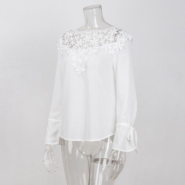 Women Casual Patchwork Lace Blouses Shirt Women Top Fashion Flare Sleeve Pu P2K5