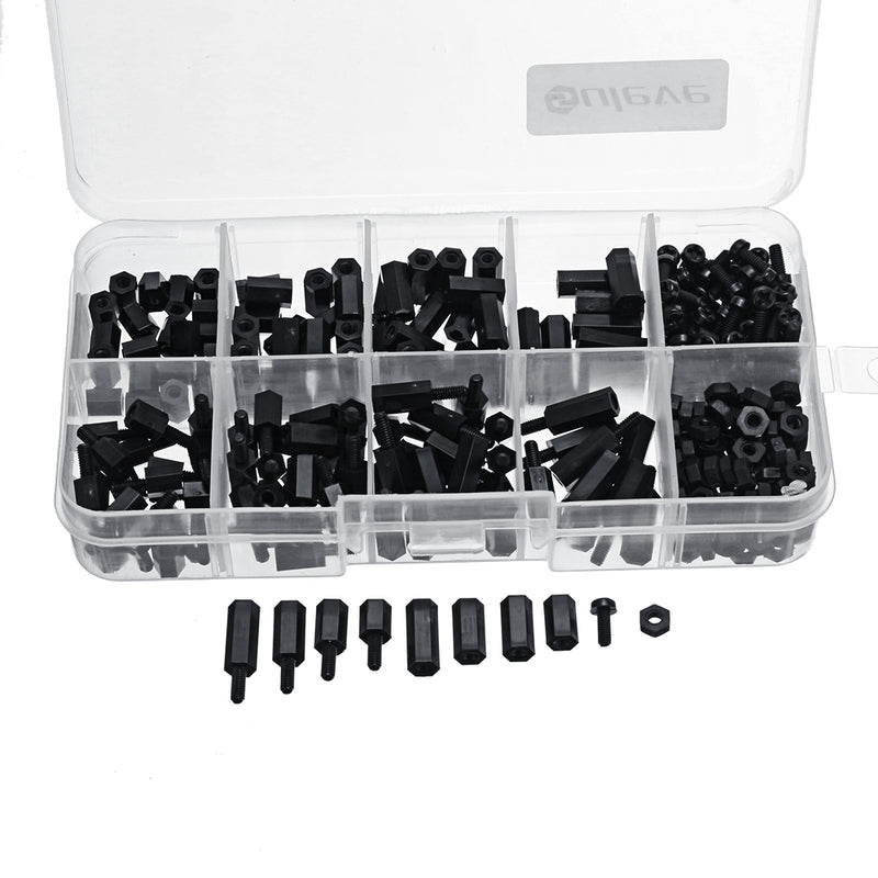 Suleve M2.5NH2 300Pcs Nylon Screw White/Black Hex Screw Nut PCB Standoff Spacer Assortment Kit