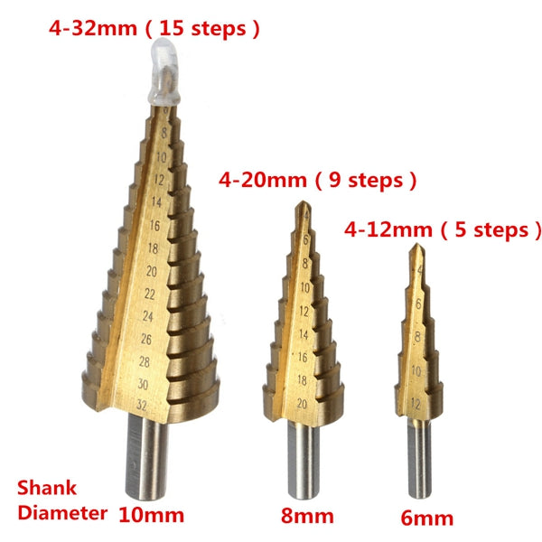 3pcs 4-12/20/32mm HSS Titanium Coated Step Drill Bit Hex Shank Hole Cutter