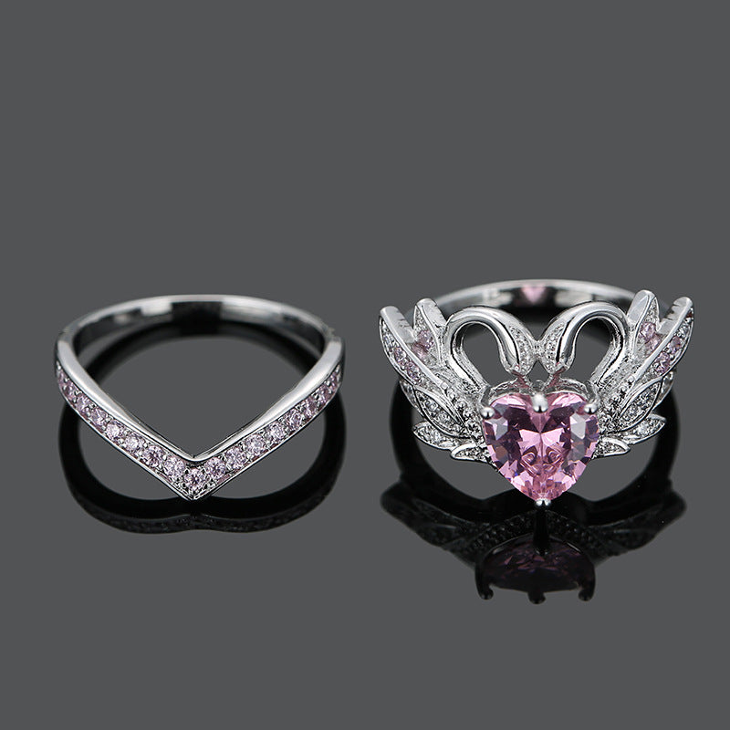 2 Pcs/set Sweet Swan Heart Zirconia Engagement Wedding Ring Unique Gift for Women Girls