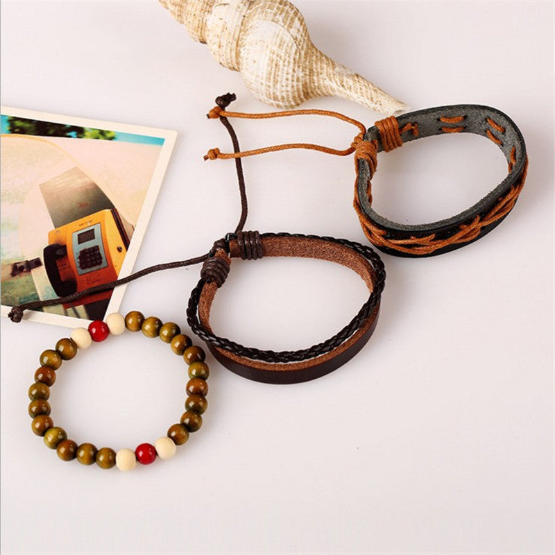 Retro Multiplayer Leather Bracelet Cowhide Hemp Wood Beads Bracelets for Men