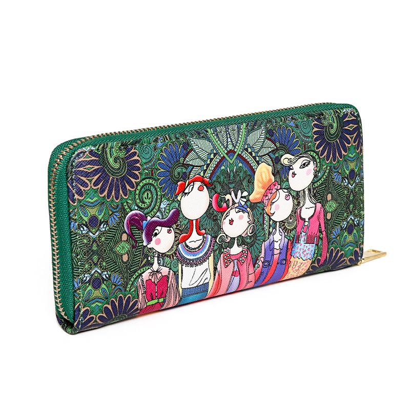 Women Wallet Zipper Leather Bag Crative Character Printed Wallets Long Clut E9N5