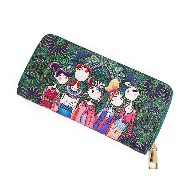 Women Wallet Zipper Leather Bag Crative Character Printed Wallets Long Clut E9N5