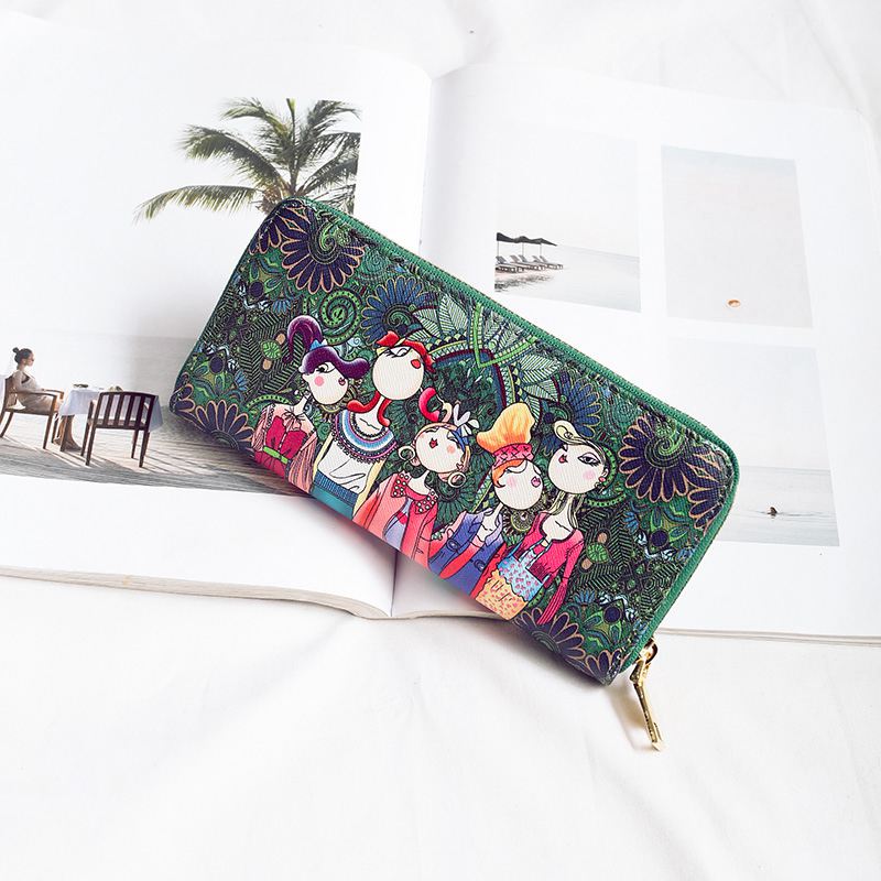 Women Wallet Zipper Leather Bag Crative Character Printed Wallets Long Clut E9N5