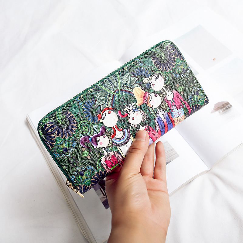 Women Wallet Zipper Leather Bag Crative Character Printed Wallets Long Clut E9N5