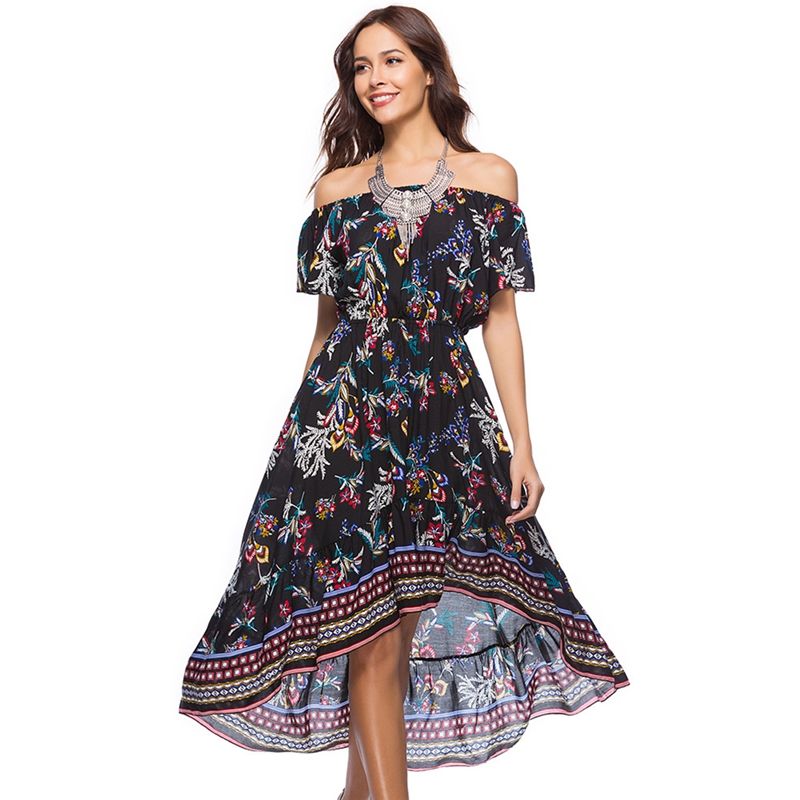 Women's New Fashion Boho Style Dress Off Shoulder Beach Summer Dresses Flor C8W7