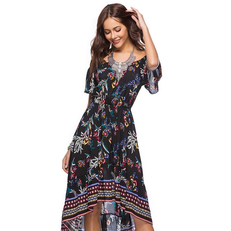 Women's New Fashion Boho Style Dress Off Shoulder Beach Summer Dresses Flor C8W7