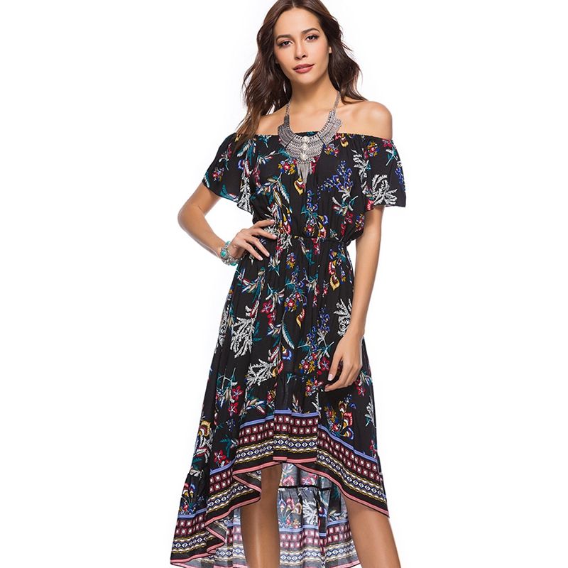 Women's New Fashion Boho Style Dress Off Shoulder Beach Summer Dresses Flor C8W7