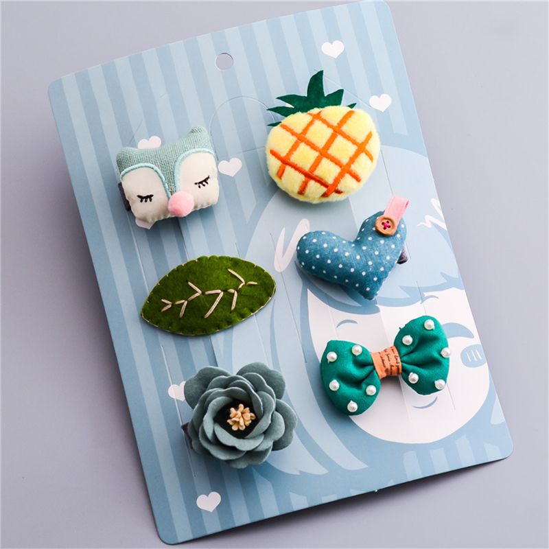 Green 1 Set 6pcs Cloth Cute Fox Pineapple Heart Leaf Bow Flower Child Hairp A9H6