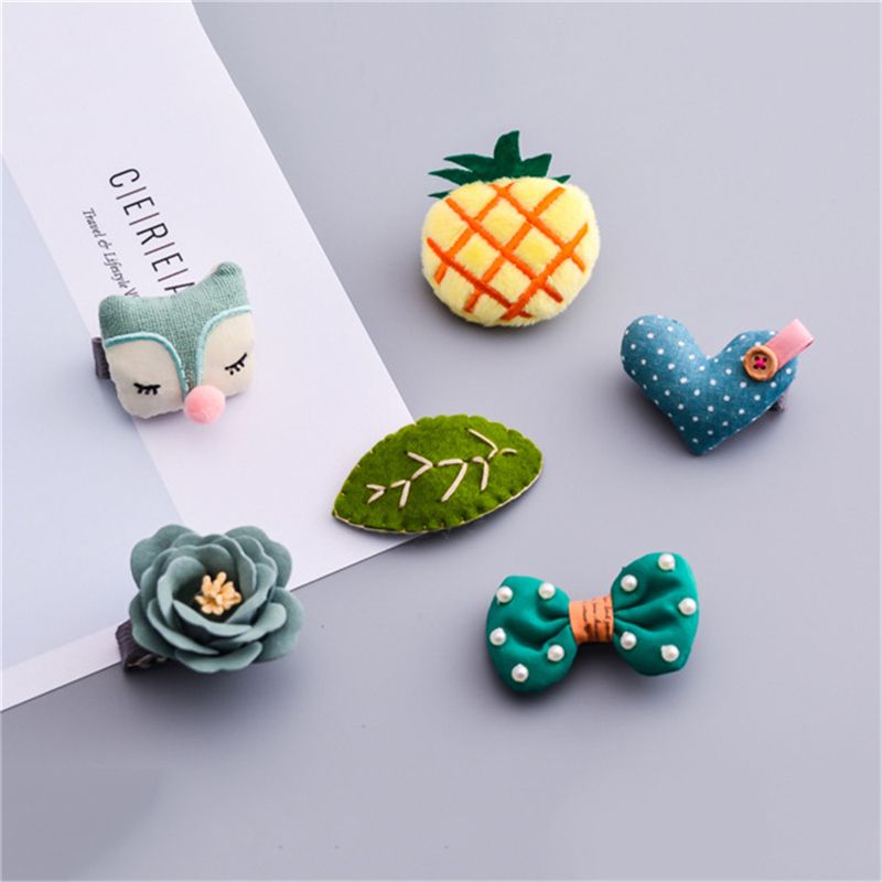 Green 1 Set 6pcs Cloth Cute Fox Pineapple Heart Leaf Bow Flower Child Hairp A9H6
