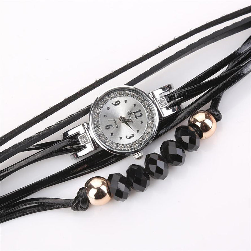 DUOYA D214 Crystal Casual Style Women Bracelet Watch Gift Leather Strap Quartz Watch