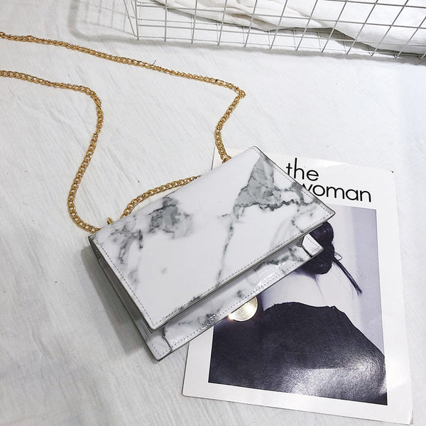 Women Fashion Summer Marble Pattern Glossy Leather Chic Chain Bag Shoulder  B1B6