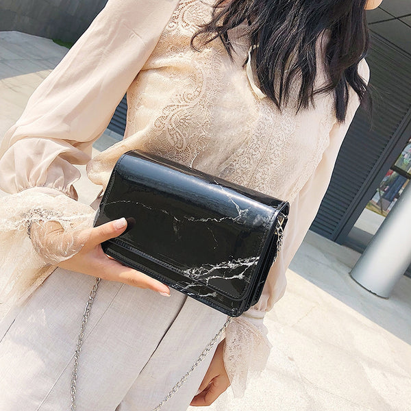 Women New Fashion Summer Marble Pattern Glossy Leather Chic Chain Bag Shoul E3D3