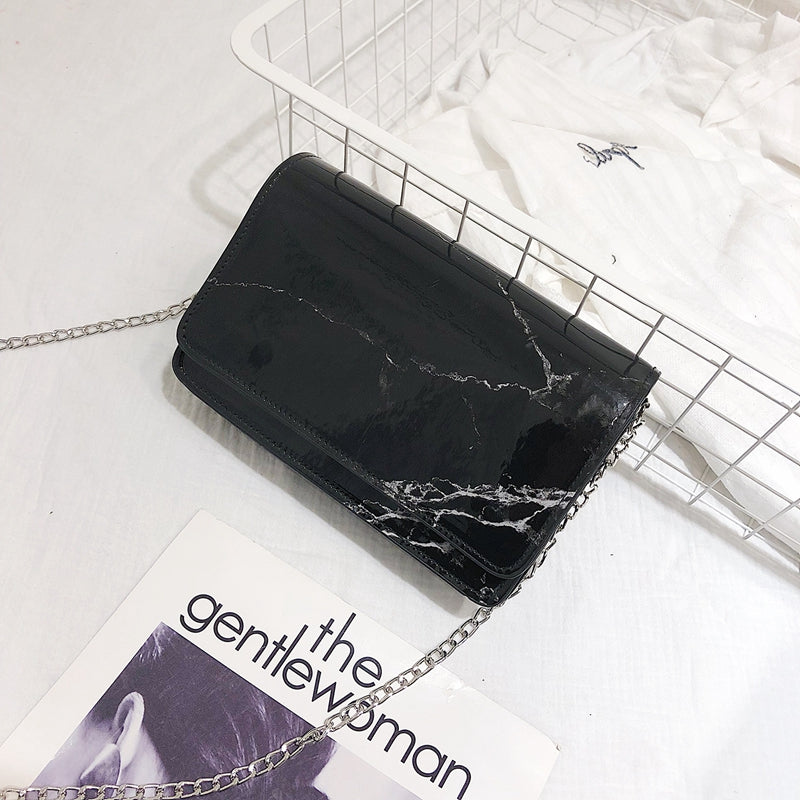 Women New Fashion Summer Marble Pattern Glossy Leather Chic Chain Bag Shoul E3D3