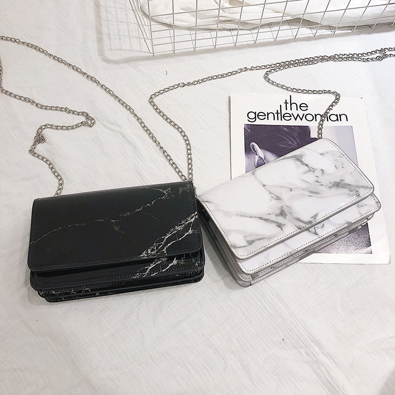 Women New Fashion Summer Marble Pattern Glossy Leather Chic Chain Bag Shoul E3D3