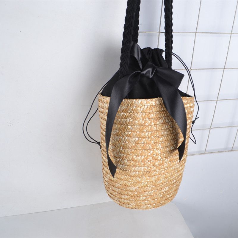 Bucket Cylindrical Straw Bags Bow Wheat-straw Woven Women Crossbody Bags Sh Z7L5