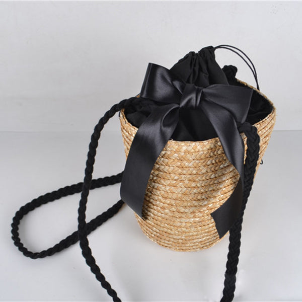 Bucket Cylindrical Straw Bags Bow Wheat-straw Woven Women Crossbody Bags Sh Z7L5