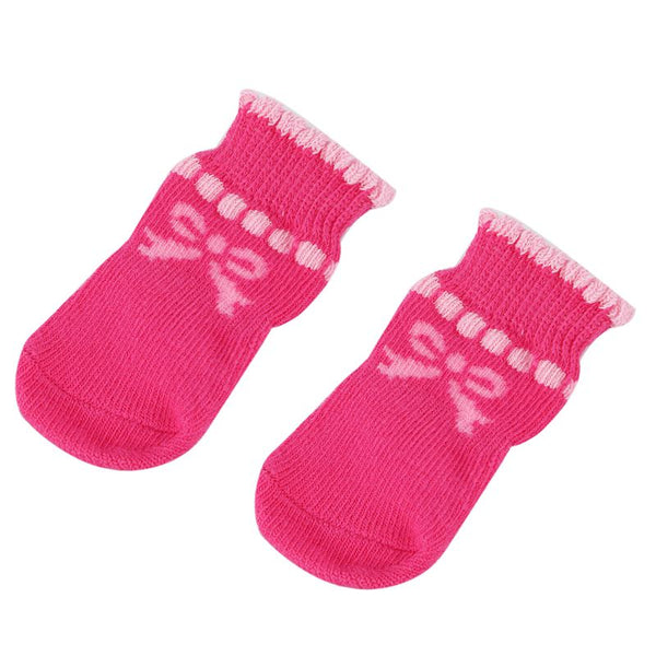 Pet Puppy Dog Bowknot Cotton Socks Anti-Slip Paw Protectors 4pcs/set M Pink
