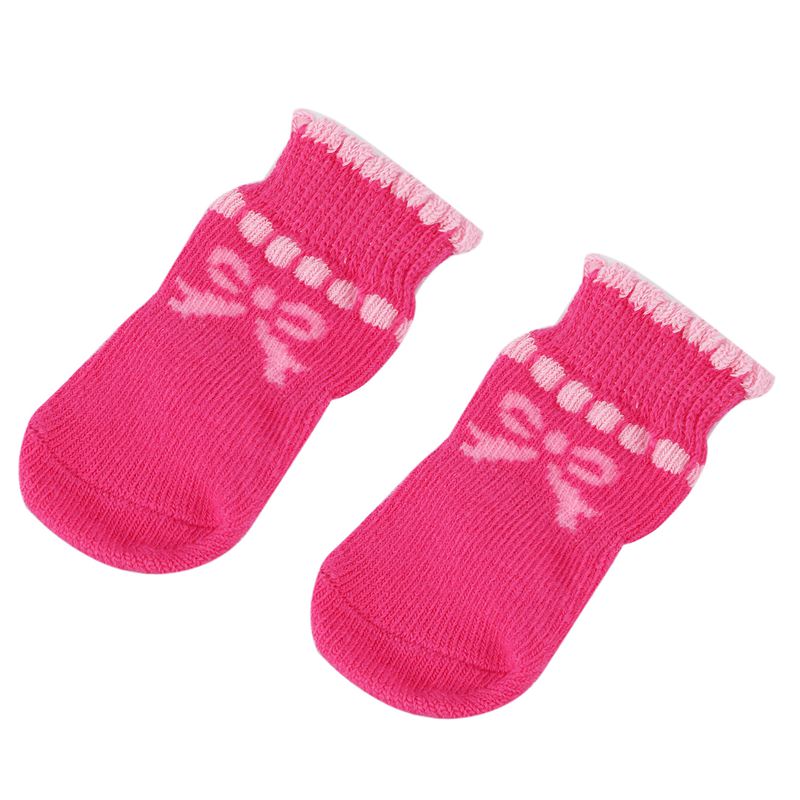 Pet Puppy Dog Bowknot Cotton Socks Anti-Slip Paw Protectors 4pcs/set M Pink