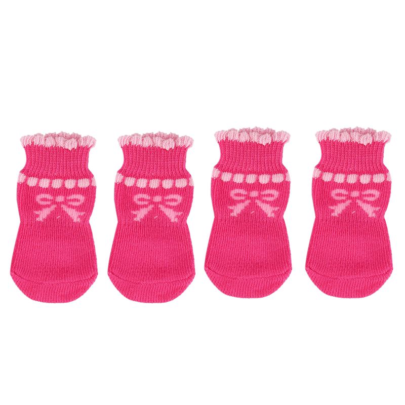 Pet Puppy Dog Bowknot Cotton Socks Anti-Slip Paw Protectors 4pcs/set M Pink